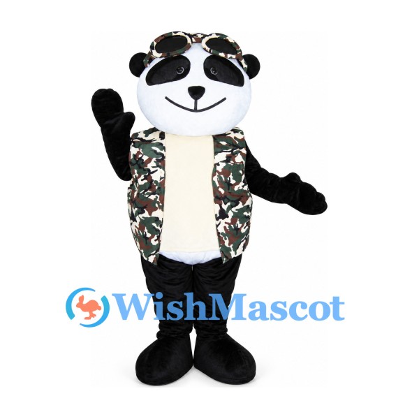 Panda Mascot Costume with Camouflage Vest and Sunglasses