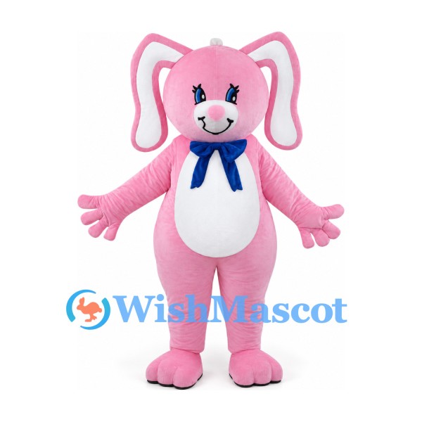 Rabbit Mascot Costume in Pink with Blue Neck Bow