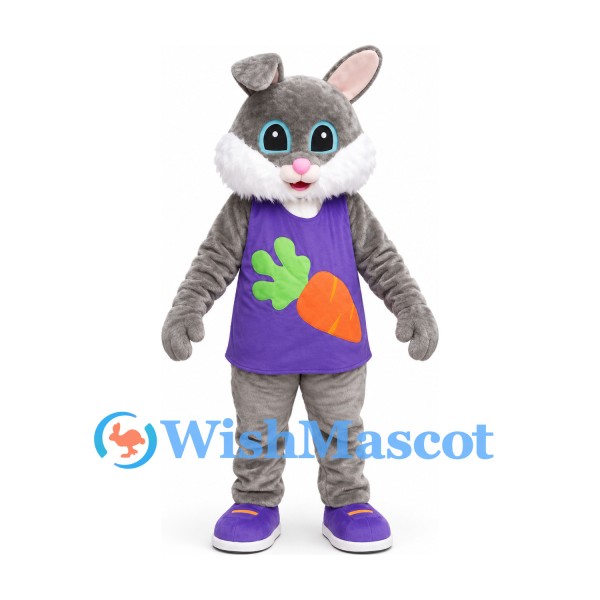 Rabbit Mascot Costume in Gray with Purple Carrot Shirt