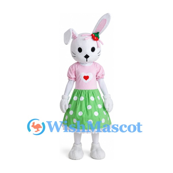 Rabbit Mascot Costume with Pink Top and Green Polka Dot Skirt