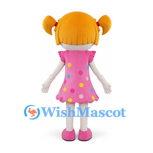 Doll Mascot Costume with Pink Polka Dot Dress and Orange Pigtails