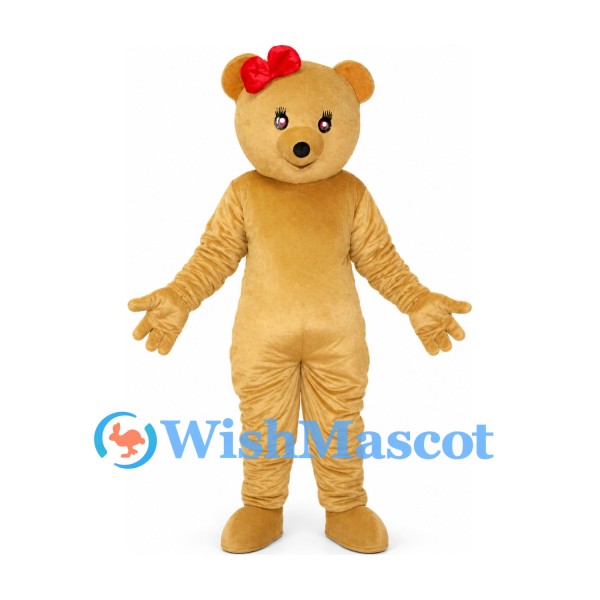 Bear Mascot Costume in Tan with Red Head Bow