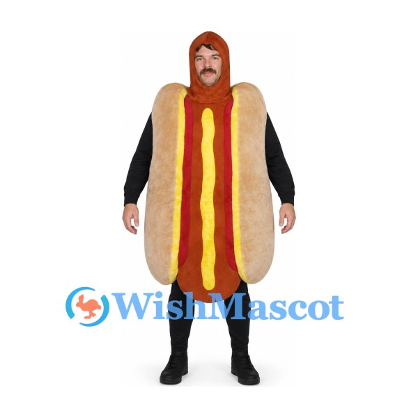 Hot Dog Mascot Costume with Yellow Mustard and Brown Bun