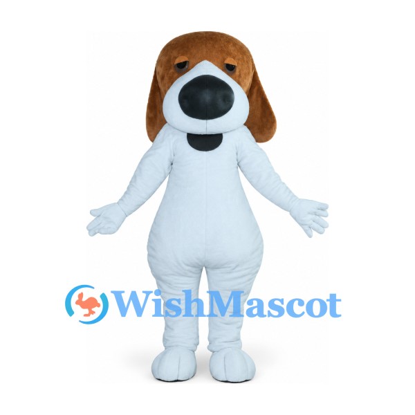 Dog Mascot Costume in White with Brown Head and Large Nose