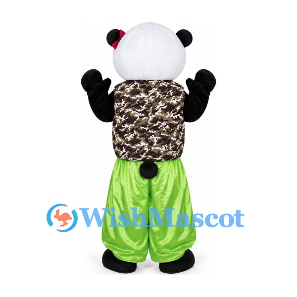 Panda Mascot Costume with Camouflage Vest and Green Pants