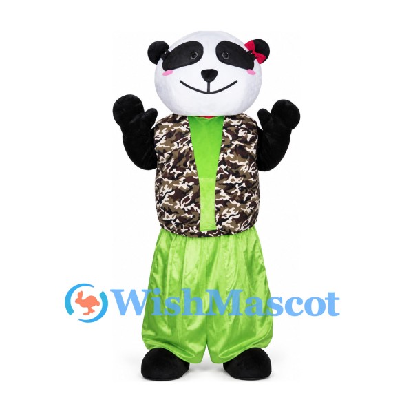 Panda Mascot Costume with Camouflage Vest and Green Pants