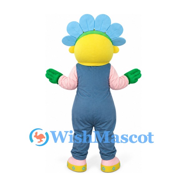 Flower Mascot Costume with Blue Petals and Blue Overalls