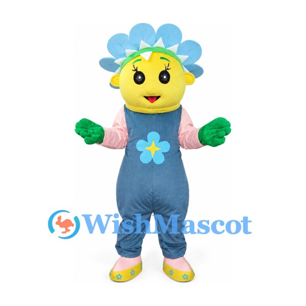 Flower Mascot Costume with Blue Petals and Blue Overalls