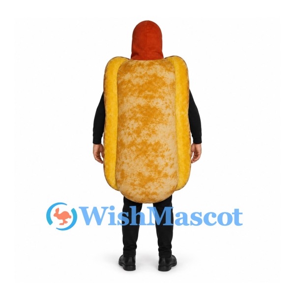 Hot Dog Mascot Costume with Textured Bun and Mustard Stripe