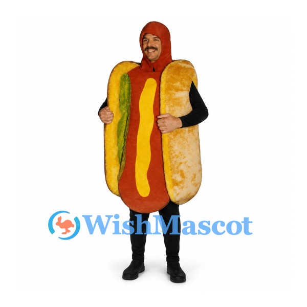 Hot Dog Mascot Costume with Textured Bun and Mustard Stripe
