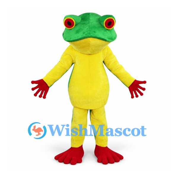Frog Mascot Costume in Green and Yellow with Red Feet