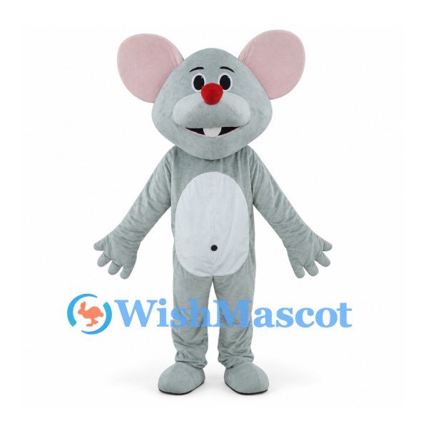 Mouse Mascot Costume in Gray with Red Nose and Pink Ears
