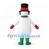 Snowman Mascot Costume with Holly Top Hat and Green Striped Scarf