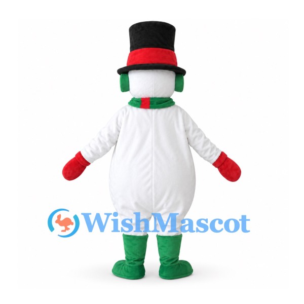 Snowman Mascot Costume with Holly Top Hat and Green Striped Scarf