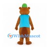 Bear Mascot Costume with Blue Vest and Green Hat