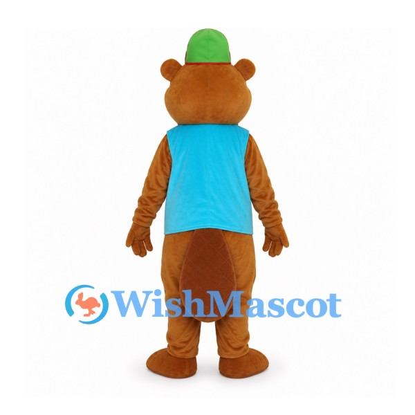 Bear Mascot Costume with Blue Vest and Green Hat
