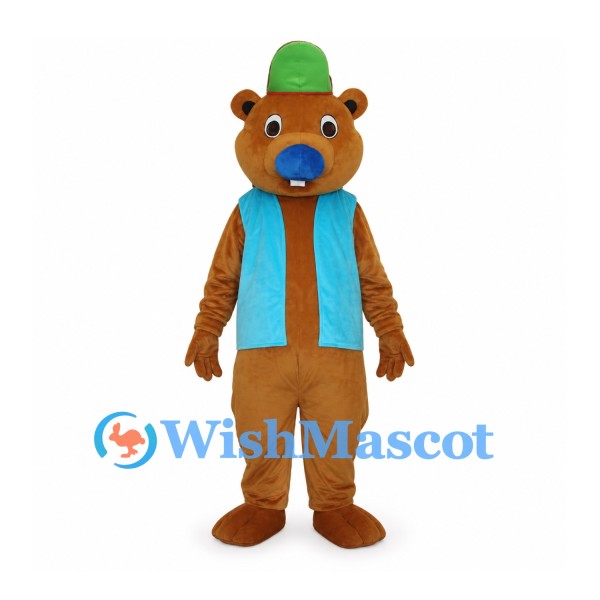 Bear Mascot Costume with Blue Vest and Green Hat