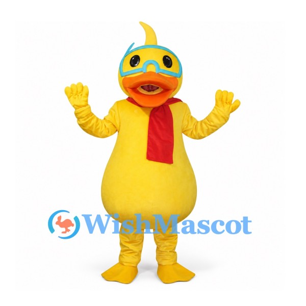 Duck Mascot Costume in Yellow with Red Scarf and Blue Glasses