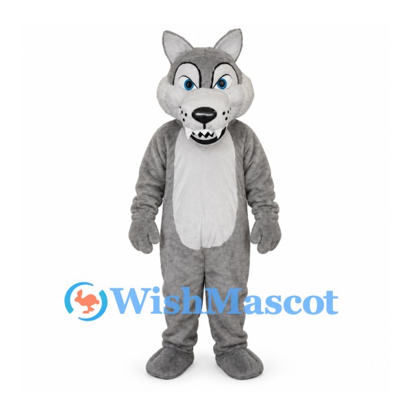 Wolf Mascot Costume in Gray with White Belly and Toothy Smile