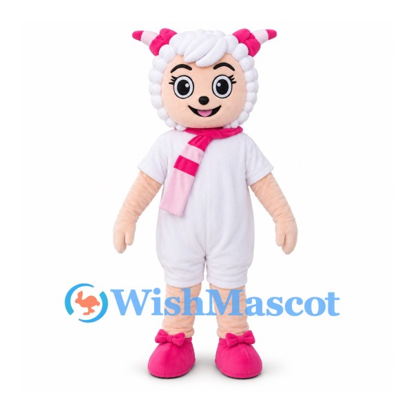 Sheep Girl Mascot Costume with Pink Scarf and Horn Bows