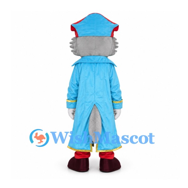 Pirate Wolf Mascot Costume with Blue Coat and Skull Hat