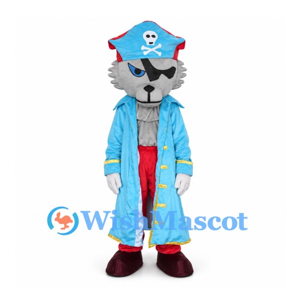 Pirate Wolf Mascot Costume with Blue Coat and Skull Hat