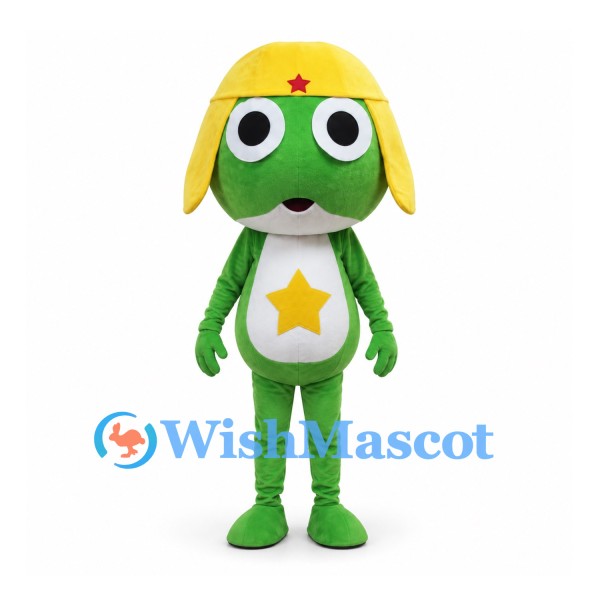 Frog Mascot Costume in Green with Yellow Helmet and Star Belly