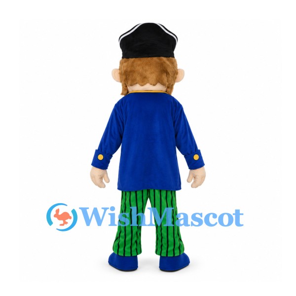 Pirate Mascot Costume with Blue Coat and Green Striped Pants