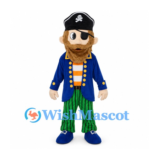 Pirate Mascot Costume with Blue Coat and Green Striped Pants