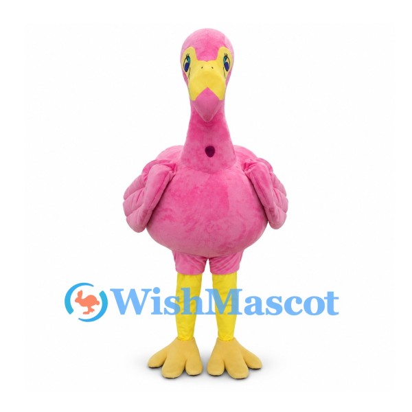 Flamingo Mascot Costume in Pink with Yellow Beak and Legs