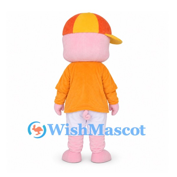 Pig Mascot Costume with Orange Shirt and Baseball Cap