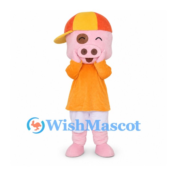 Pig Mascot Costume with Orange Shirt and Baseball Cap