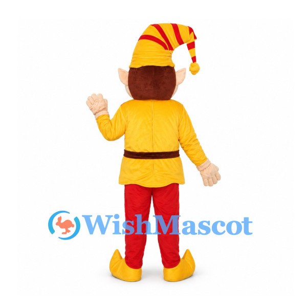 Elf Mascot Costume with Yellow Tunic and Red Striped Hat