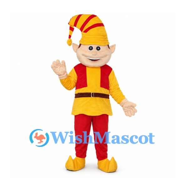 Elf Mascot Costume with Yellow Tunic and Red Striped Hat