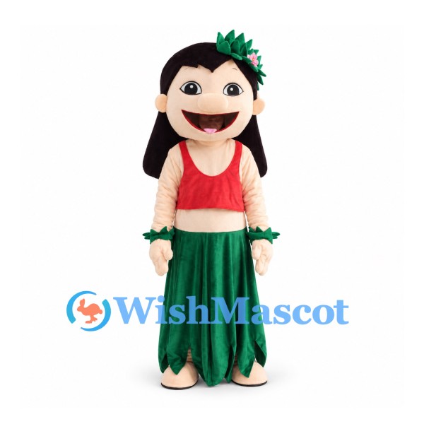 Hula Girl Mascot Costume with Green Skirt and Red Top