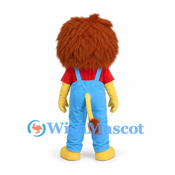 Lion Mascot Costume with Blue Overalls and Brown Mane