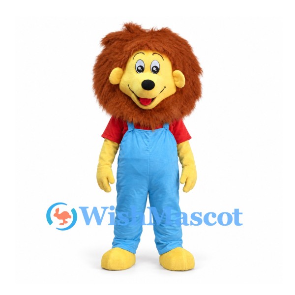 Lion Mascot Costume with Blue Overalls and Brown Mane