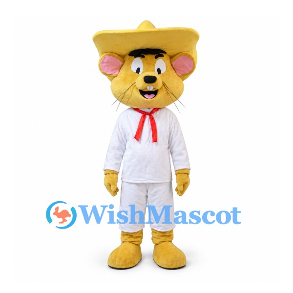 Mouse Mascot Costume with Yellow Sombrero and White Outfit