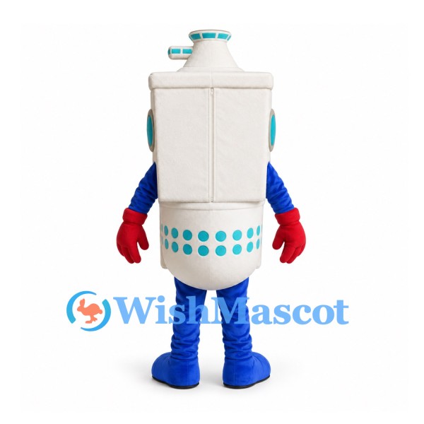 Robot Mascot Costume in White with Blue Details and Red Gloves