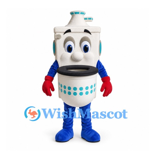 Robot Mascot Costume in White with Blue Details and Red Gloves