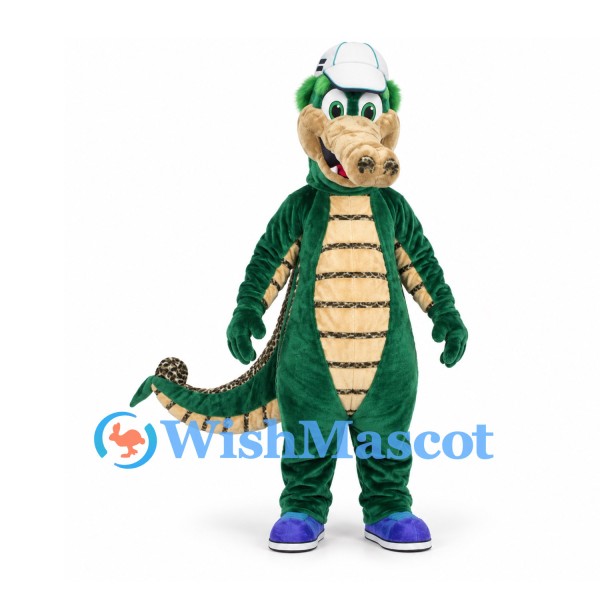 Crocodile Mascot Costume with White Cap and Green Body