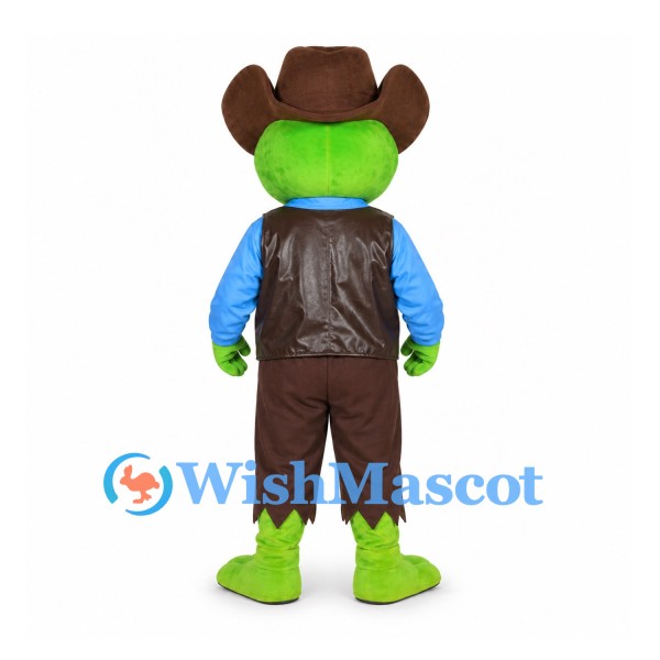 Monster Cowboy Mascot Costume in Green with Brown Vest and Hat