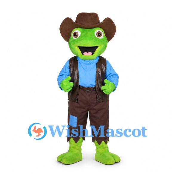 Monster Cowboy Mascot Costume in Green with Brown Vest and Hat
