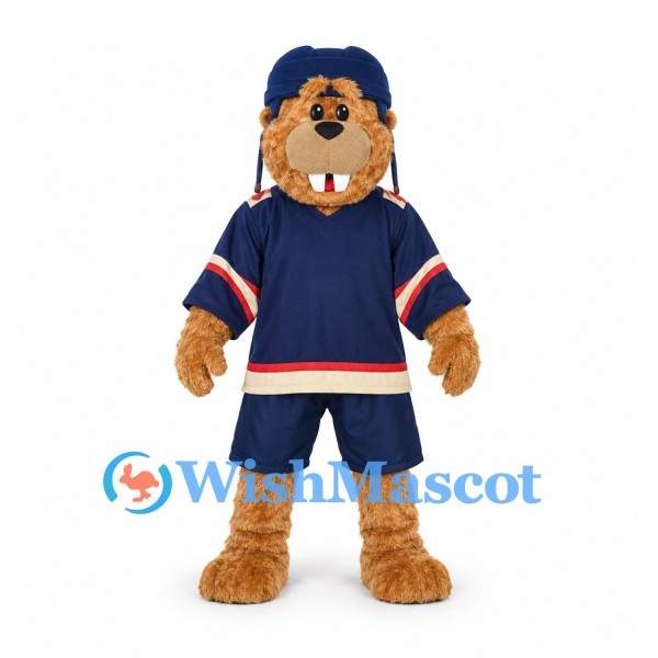 Beaver Mascot Costume with Navy Hockey Uniform and Helmet