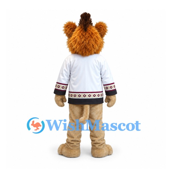 Lion Mascot Costume with White Sports Jersey and Brown Mane