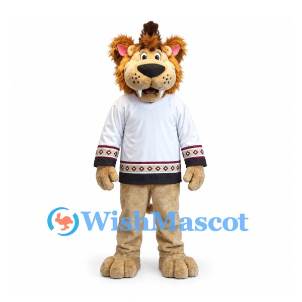 Lion Mascot Costume with White Sports Jersey and Brown Mane