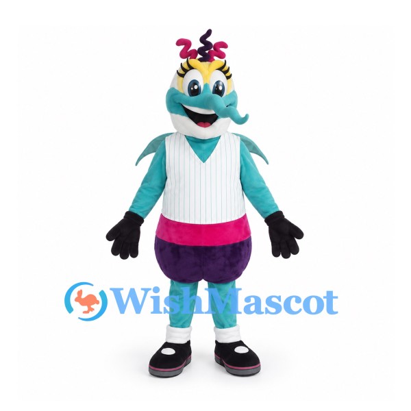 Dolphin Mascot Costume in Turquoise with White Top and Pink Waistband