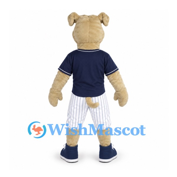 Bulldog Mascot Costume with Navy Baseball Jersey and Striped Shorts