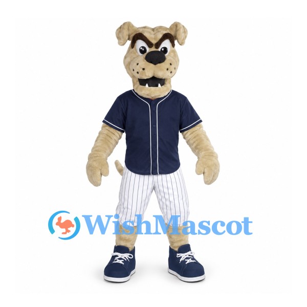 Bulldog Mascot Costume with Navy Baseball Jersey and Striped Shorts