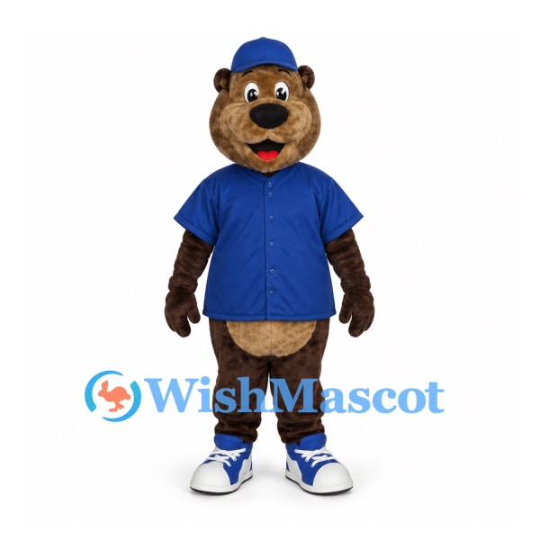 Bear Mascot Costume with Blue Baseball Shirt and Cap